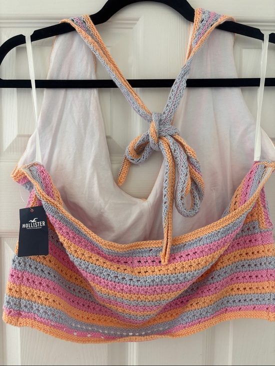 Hollister Crochet V-Neck Striped halter Top - Pink/Gray/Peach - Picture 4 of 5
